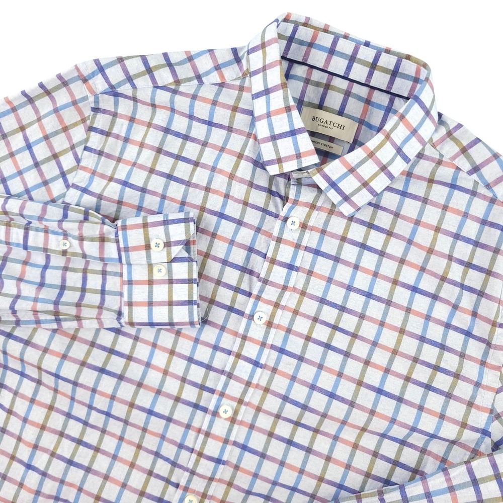 Bugatchi Shirt Mens L Multicolor Plaid Long Sleeve Button Up Stretch Slim Fit